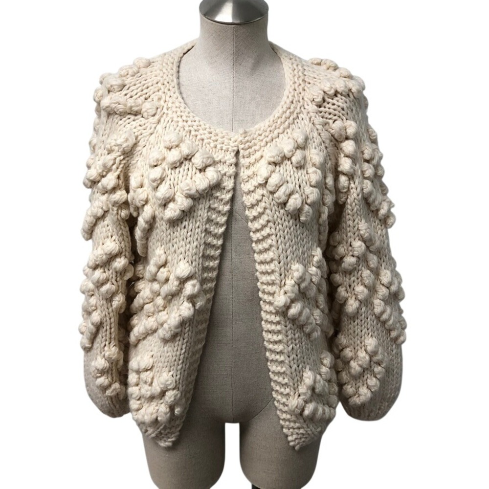 Chicwish Cardigan Womens Small Cream Pom Pom Wool Chunky Open Front Handmade